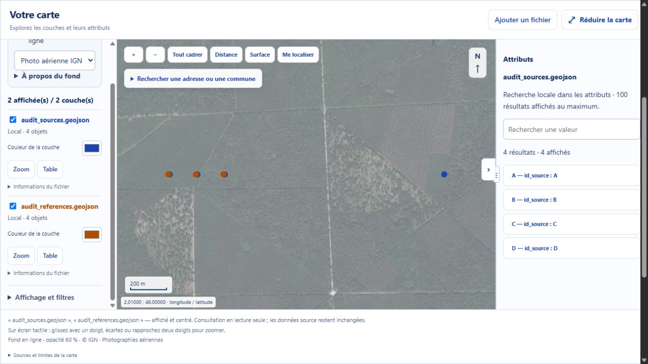 Visionneuse SIG Techniproj : couches de démonstration affichées sur la carte et consultation des attributs.